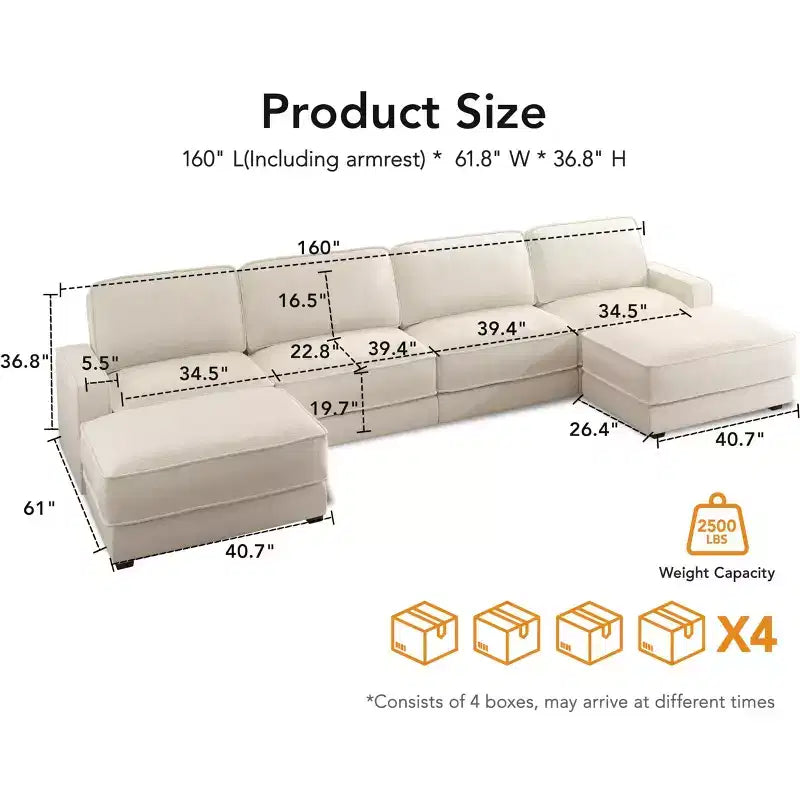 Divano Sezionale Modulare Dyonery Oversized 160, Comodo Divano Cloud a U a 6 Posti con 2 Cuscini e 2 Pouf Mobili, Chenille