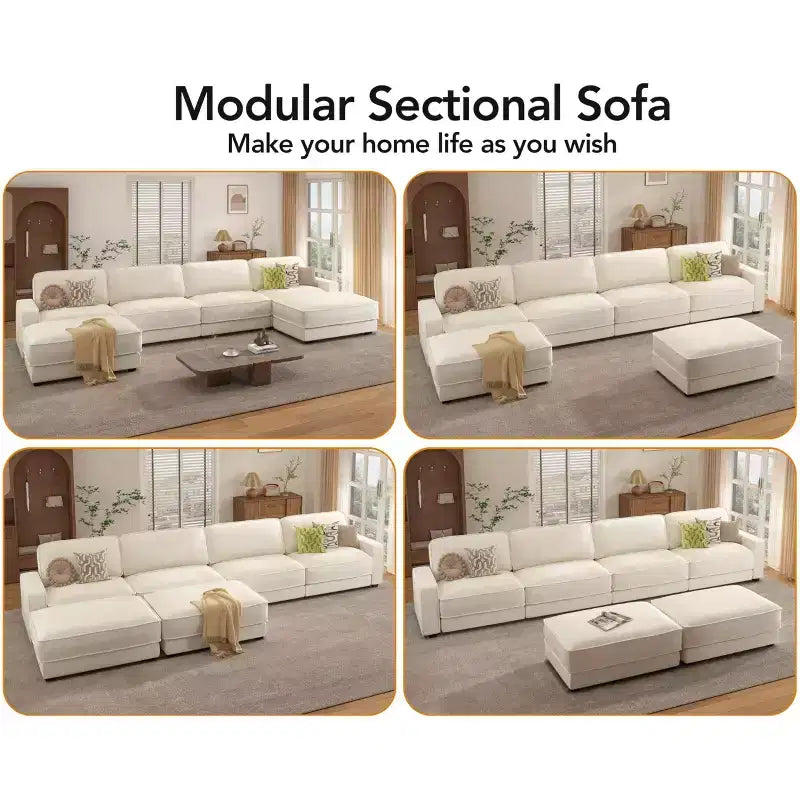 Divano Sezionale Modulare Dyonery Oversized 160, Comodo Divano Cloud a U a 6 Posti con 2 Cuscini e 2 Pouf Mobili, Chenille