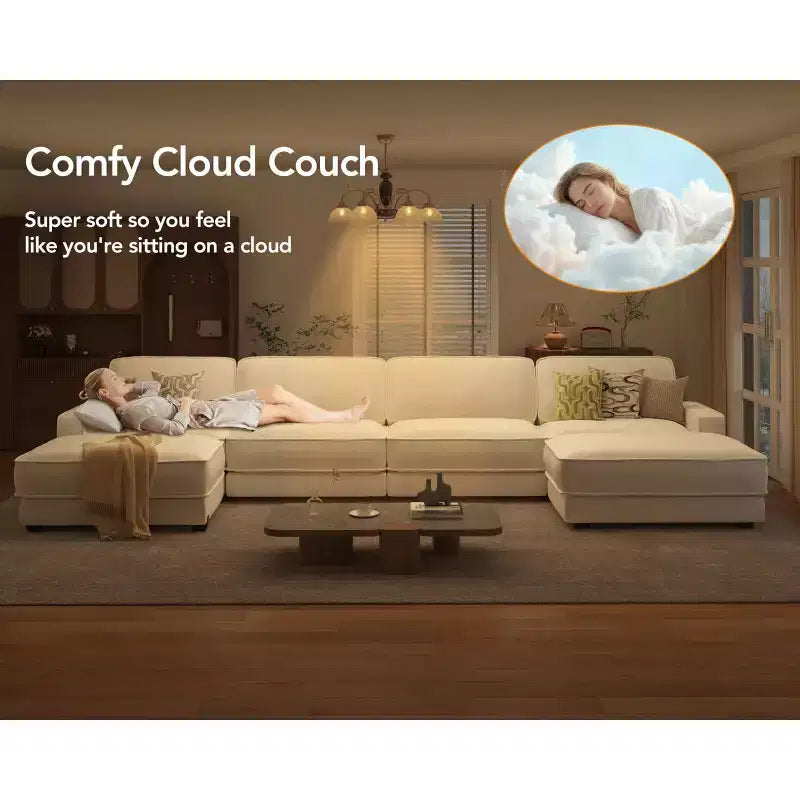 Divano Sezionale Modulare Dyonery Oversized 160, Comodo Divano Cloud a U a 6 Posti con 2 Cuscini e 2 Pouf Mobili, Chenille