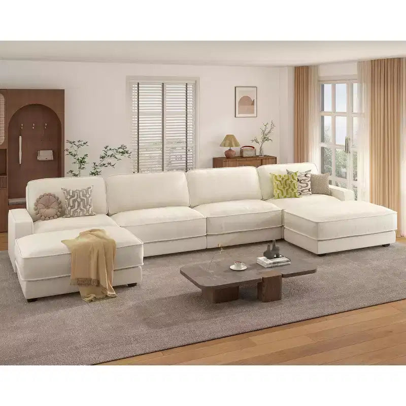 Divano Sezionale Modulare Dyonery Oversized 160, Comodo Divano Cloud a U a 6 Posti con 2 Cuscini e 2 Pouf Mobili, Chenille