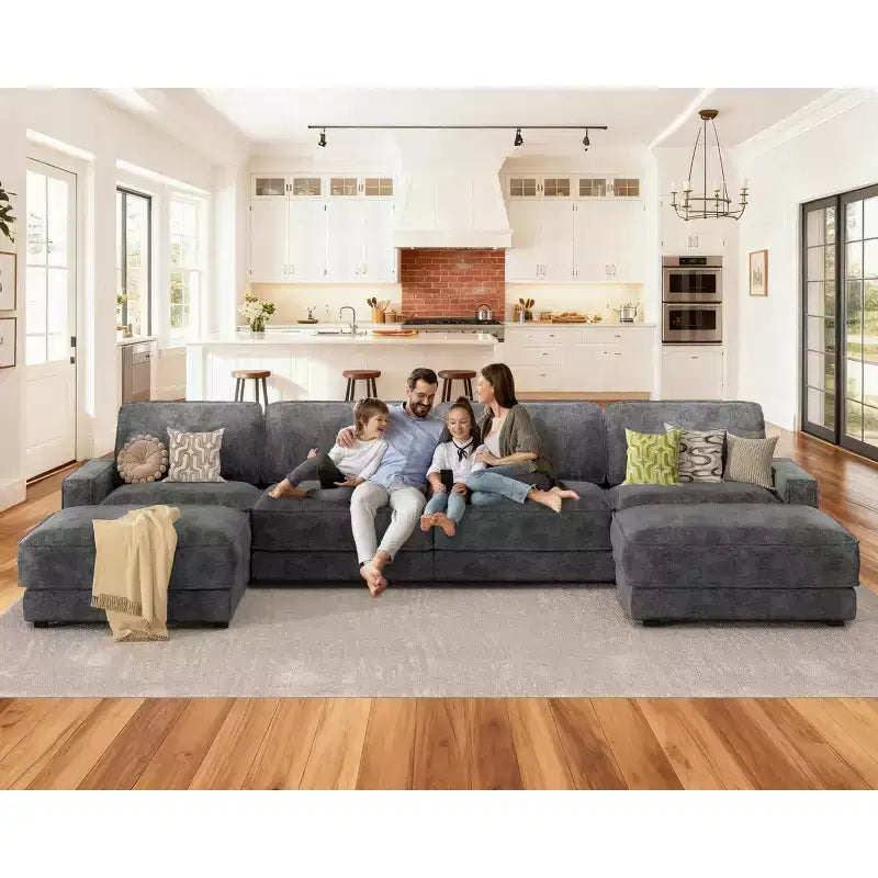 Divano Sezionale Modulare Dyonery Oversized 160, Comodo Divano Cloud a U a 6 Posti con 2 Cuscini e 2 Pouf Mobili, Chenille