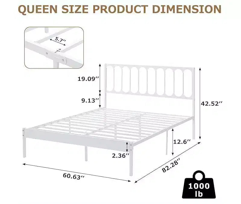 Struttura Letto Matrimoniale in Metallo Bianco con Testiera a Onda, Letto a Piattaforma con 2 Cassetti Contenitore e Spazio Sottoposto, Nessun Box Spring Necessario Facile Montaggio