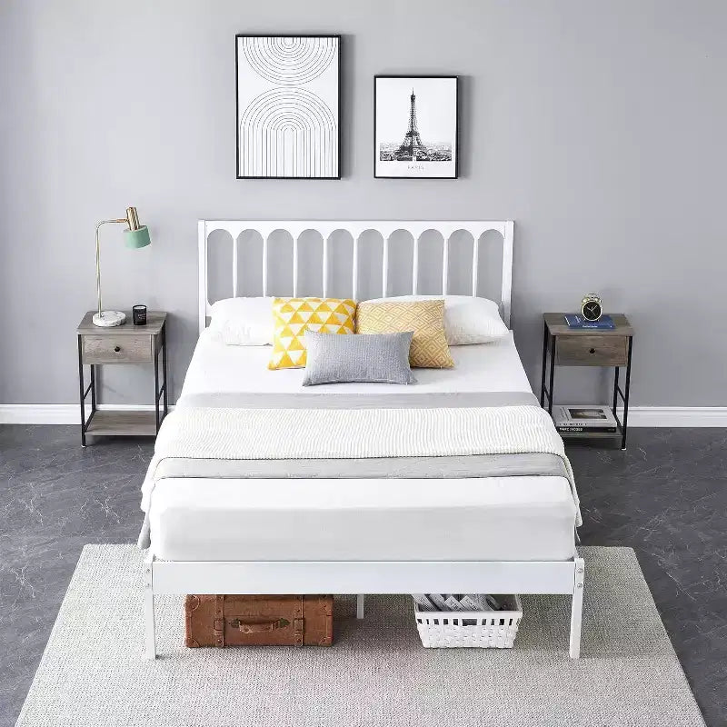 Struttura Letto Matrimoniale in Metallo Bianco con Testiera a Onda, Letto a Piattaforma con 2 Cassetti Contenitore e Spazio Sottoposto, Nessun Box Spring Necessario Facile Montaggio