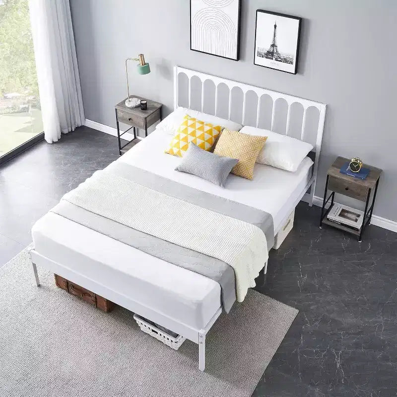 Struttura Letto Matrimoniale in Metallo Bianco con Testiera a Onda, Letto a Piattaforma con 2 Cassetti Contenitore e Spazio Sottoposto, Nessun Box Spring Necessario Facile Montaggio