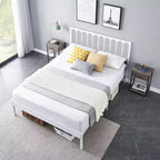 Struttura Letto Matrimoniale in Metallo Bianco con Testiera a Onda, Letto a Piattaforma con 2 Cassetti Contenitore e Spazio Sottoposto, Nessun Box Spring Necessario Facile Montaggio