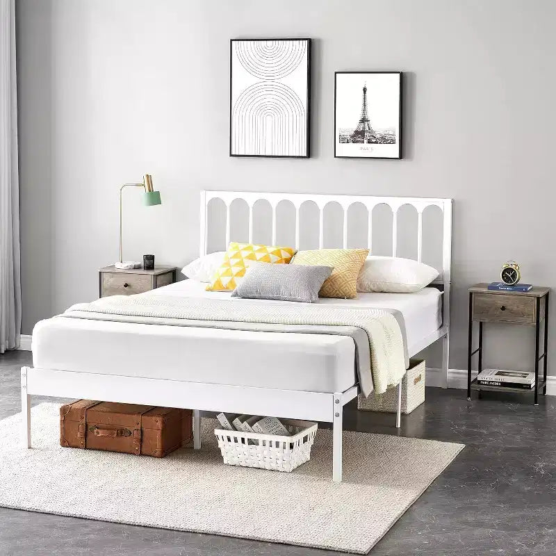 Struttura Letto Matrimoniale in Metallo Bianco con Testiera a Onda, Letto a Piattaforma con 2 Cassetti Contenitore e Spazio Sottoposto, Nessun Box Spring Necessario Facile Montaggio