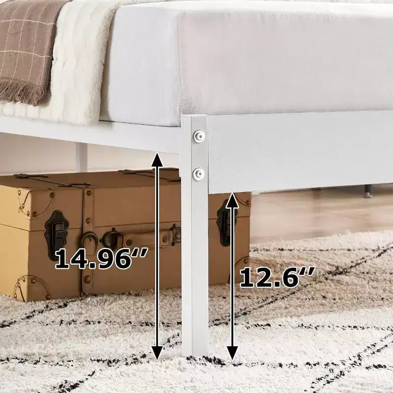 Struttura Letto Matrimoniale in Metallo Bianco con Testiera a Onda, Letto a Piattaforma con 2 Cassetti Contenitore e Spazio Sottoposto, Nessun Box Spring Necessario Facile Montaggio