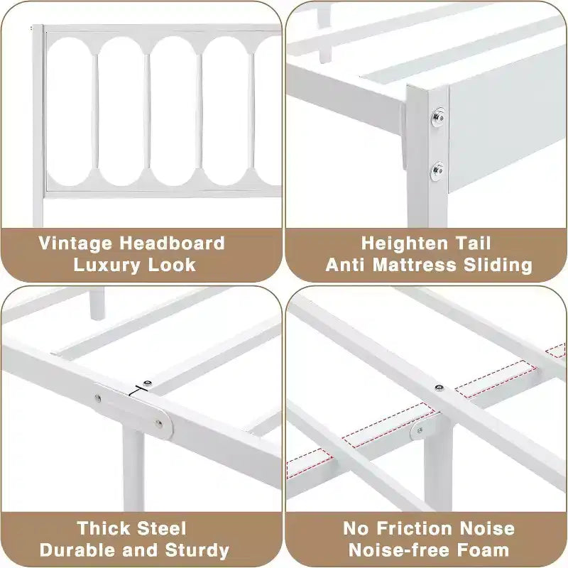 Struttura Letto Matrimoniale in Metallo Bianco con Testiera a Onda, Letto a Piattaforma con 2 Cassetti Contenitore e Spazio Sottoposto, Nessun Box Spring Necessario Facile Montaggio