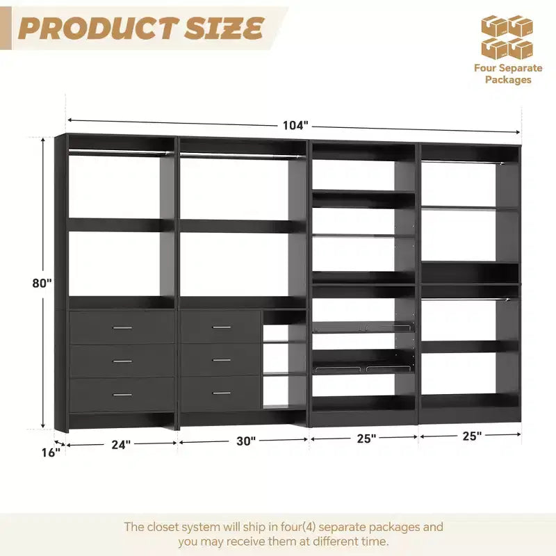 Besiost Set di 4 organizer per armadio con cassetti in legno, armadio freestanding da 264 cm con scarpiere e aste appendiabiti