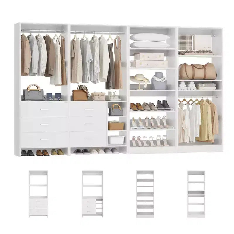 Besiost Set di 4 organizer per armadio con cassetti in legno, armadio freestanding da 264 cm con scarpiere e aste appendiabiti