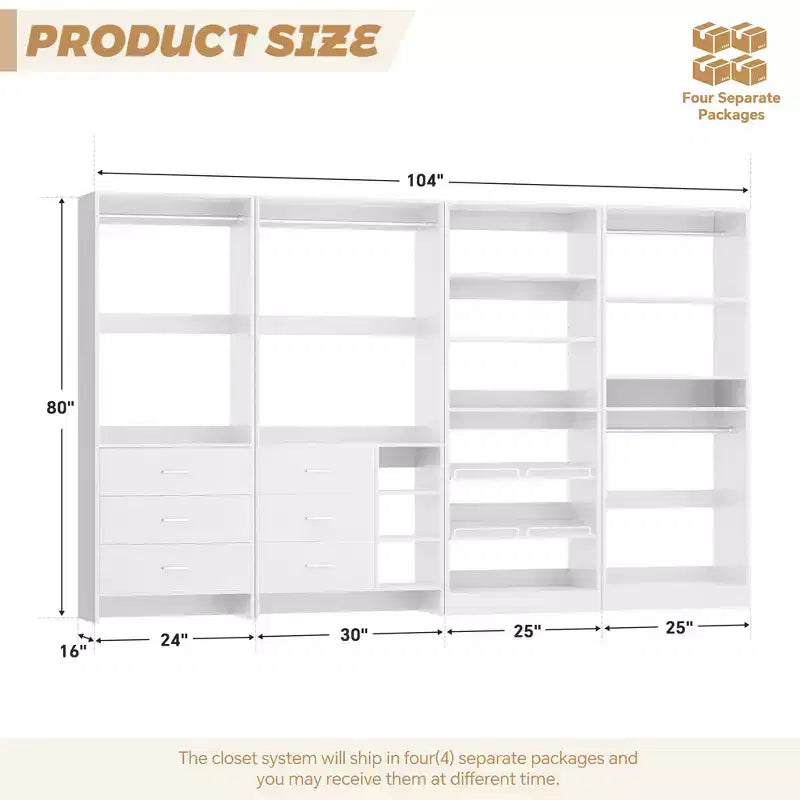 Besiost Set di 4 organizer per armadio con cassetti in legno, armadio freestanding da 264 cm con scarpiere e aste appendiabiti