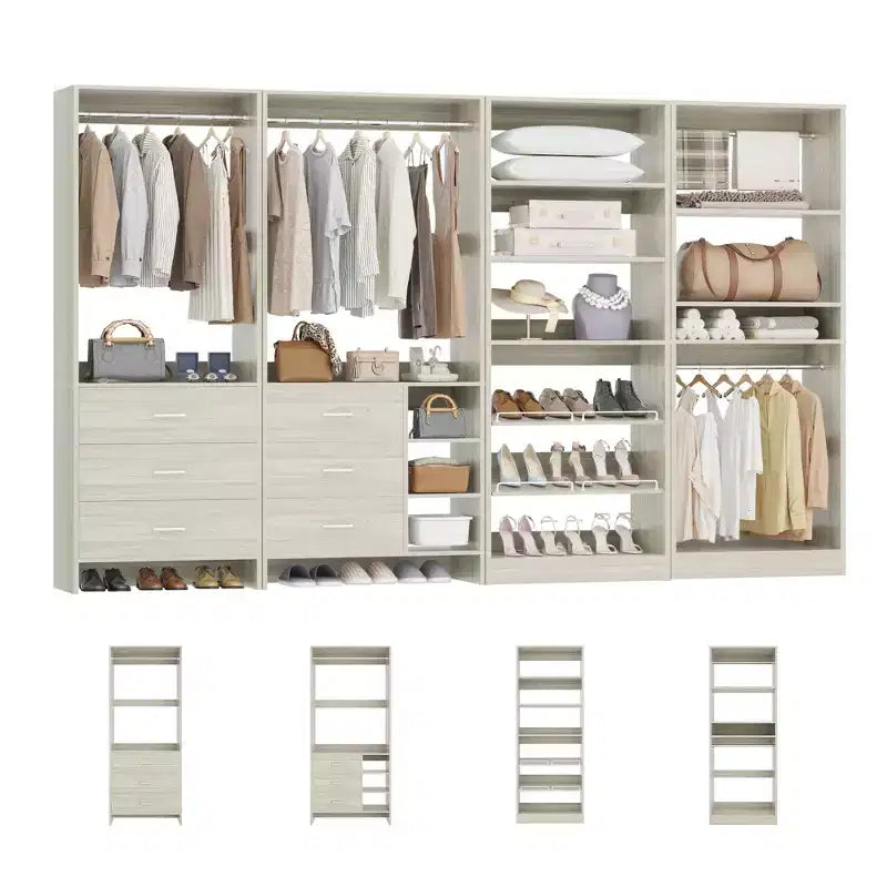 Besiost Set di 4 organizer per armadio con cassetti in legno, armadio freestanding da 264 cm con scarpiere e aste appendiabiti