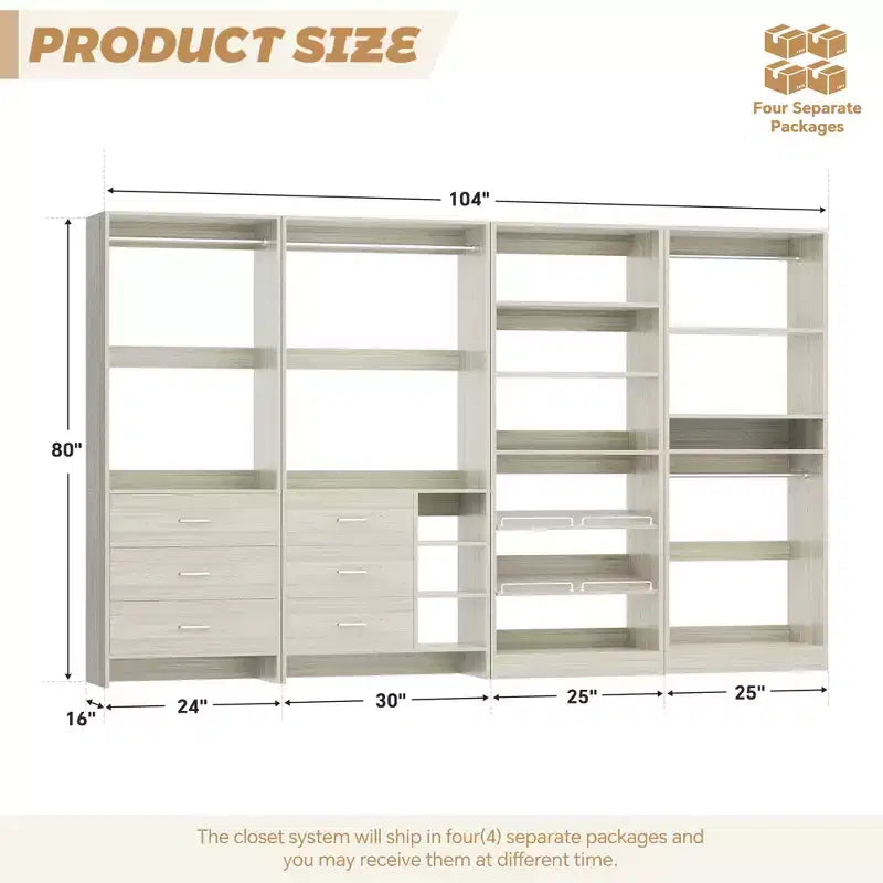 Besiost Set di 4 organizer per armadio con cassetti in legno, armadio freestanding da 264 cm con scarpiere e aste appendiabiti