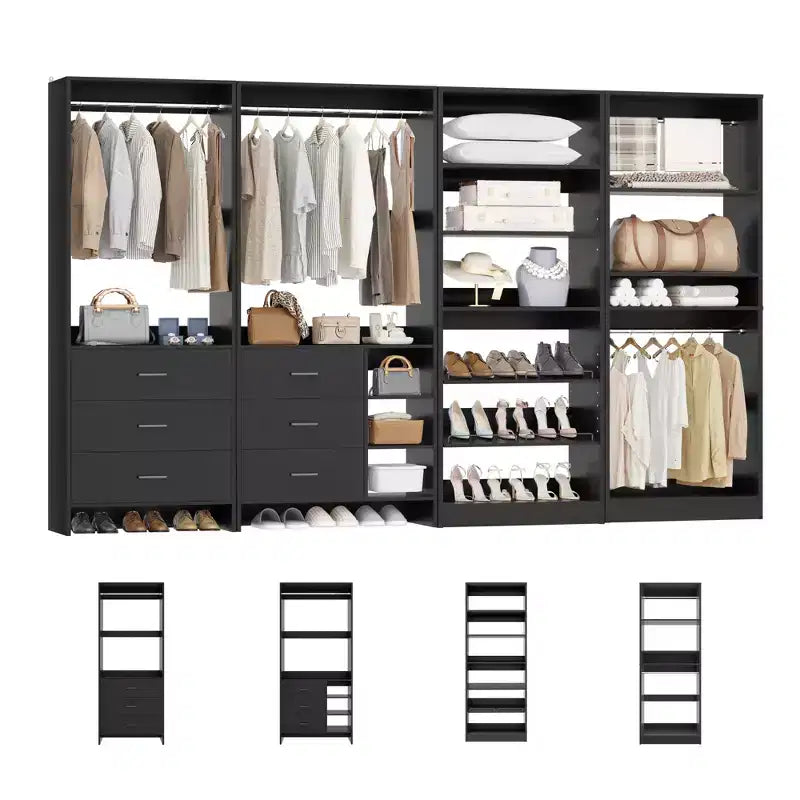 Besiost Set di 4 organizer per armadio con cassetti in legno, armadio freestanding da 264 cm con scarpiere e aste appendiabiti