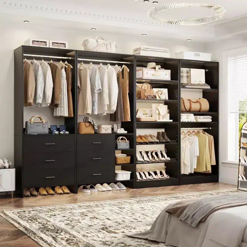Besiost Set di 4 organizer per armadio con cassetti in legno, armadio freestanding da 264 cm con scarpiere e aste appendiabiti