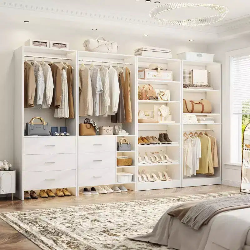 Besiost Set di 4 organizer per armadio con cassetti in legno, armadio freestanding da 264 cm con scarpiere e aste appendiabiti