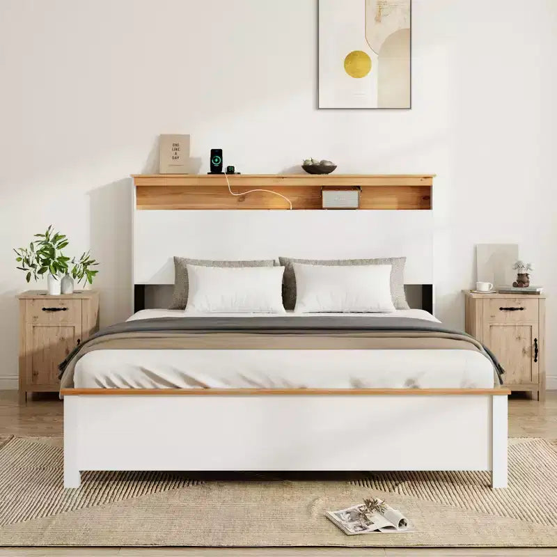 GDFStudio Miri Letto a Piattaforma Tradizionale in Legno con Testiera Contenitore e Luce a LED