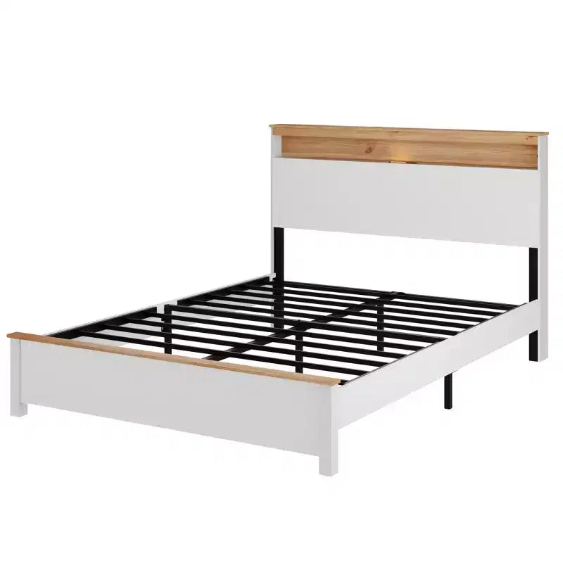 GDFStudio Miri Letto a Piattaforma Tradizionale in Legno con Testiera Contenitore e Luce a LED