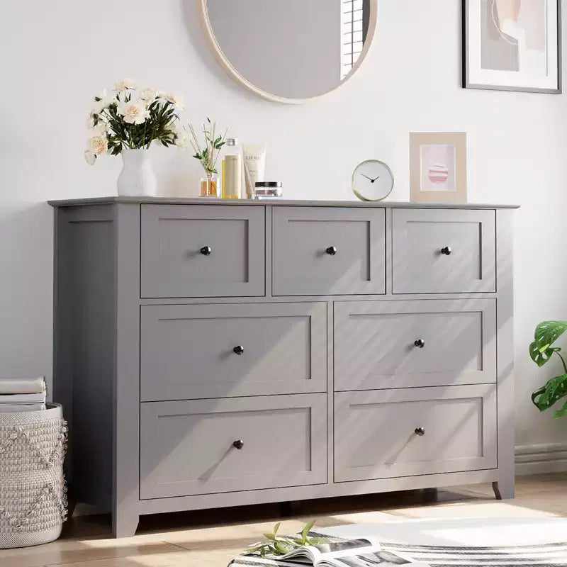 Set di 2 Comò per Camera da Letto, Comodino a 7 Cassetti, Mobile Contenitore in Legno per Soggiorno, Guardaroba, Ingresso, Corridoio