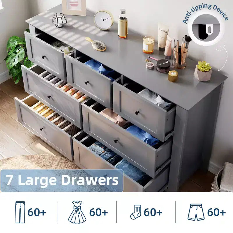 Set di 2 Comò per Camera da Letto, Comodino a 7 Cassetti, Mobile Contenitore in Legno per Soggiorno, Guardaroba, Ingresso, Corridoio