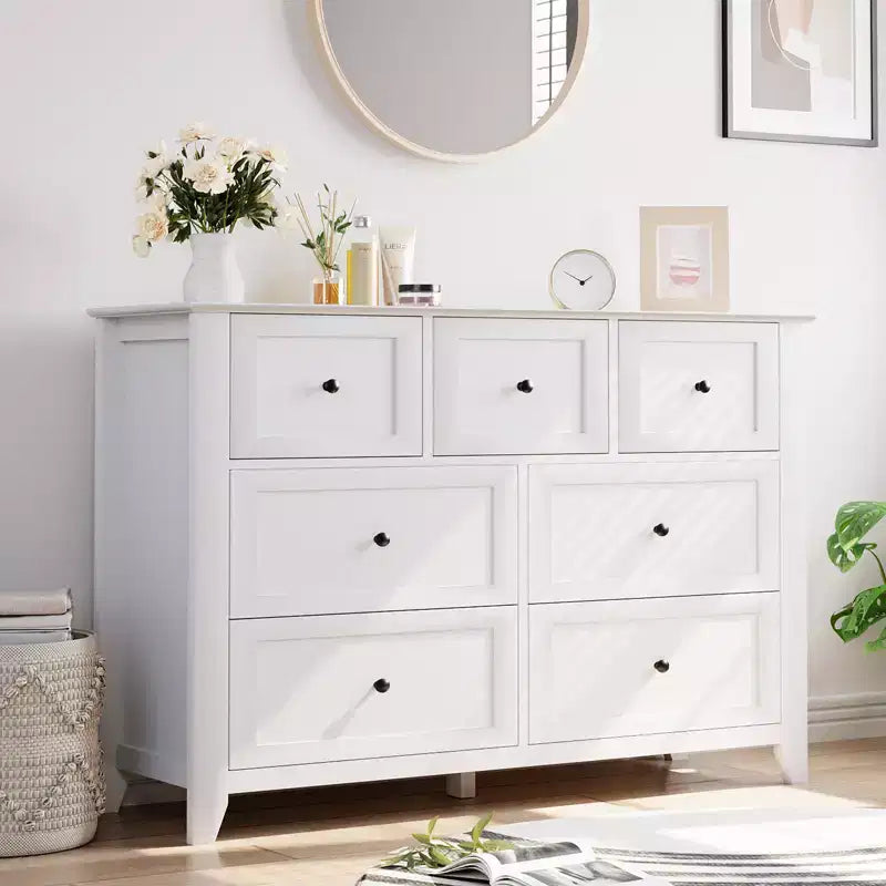 Set di 2 Comò per Camera da Letto, Comodino a 7 Cassetti, Mobile Contenitore in Legno per Soggiorno, Guardaroba, Ingresso, Corridoio