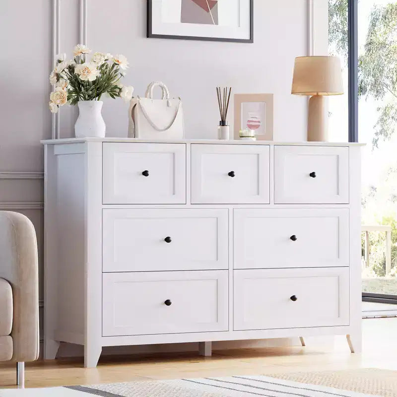 Set di 2 Comò per Camera da Letto, Comodino a 7 Cassetti, Mobile Contenitore in Legno per Soggiorno, Guardaroba, Ingresso, Corridoio