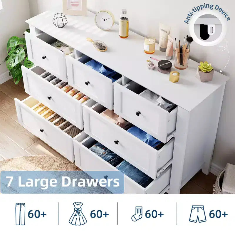 Set di 2 Comò per Camera da Letto, Comodino a 7 Cassetti, Mobile Contenitore in Legno per Soggiorno, Guardaroba, Ingresso, Corridoio