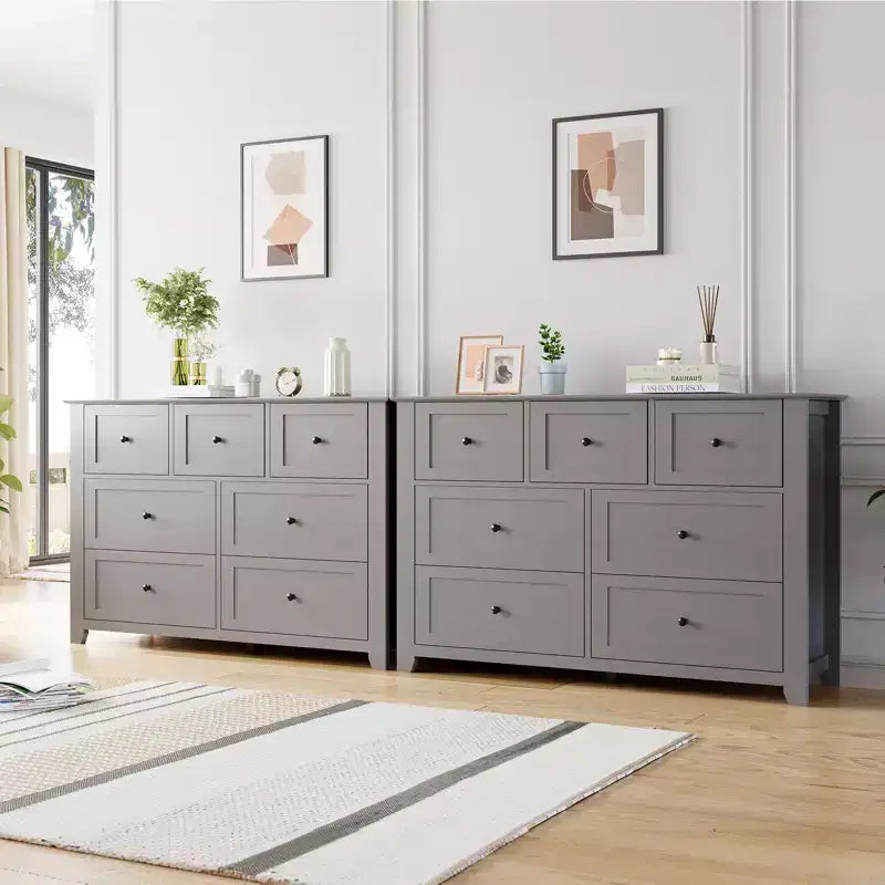 Set di 2 Comò per Camera da Letto, Comodino a 7 Cassetti, Mobile Contenitore in Legno per Soggiorno, Guardaroba, Ingresso, Corridoio