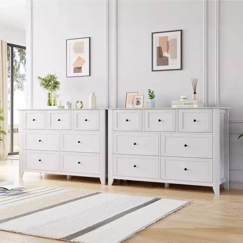 Set di 2 Comò per Camera da Letto, Comodino a 7 Cassetti, Mobile Contenitore in Legno per Soggiorno, Guardaroba, Ingresso, Corridoio