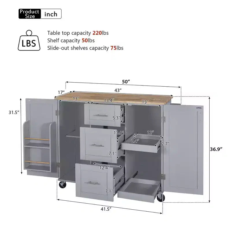 Isola Cucina, Mobile Contenitore su Ruote con 3 Cassetti, Piano in Legno di Gomma, Portaspezie, 2 Ripiani Estraibili