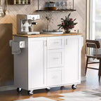 Isola Cucina, Mobile Contenitore su Ruote con 3 Cassetti, Piano in Legno di Gomma, Portaspezie, 2 Ripiani Estraibili