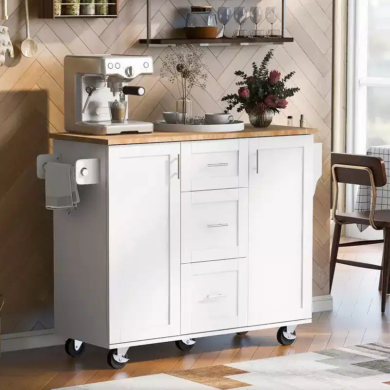 Isola Cucina, Mobile Contenitore su Ruote con 3 Cassetti, Piano in Legno di Gomma, Portaspezie, 2 Ripiani Estraibili