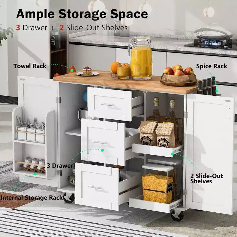Isola Cucina, Mobile Contenitore su Ruote con 3 Cassetti, Piano in Legno di Gomma, Portaspezie, 2 Ripiani Estraibili