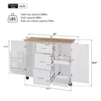 Isola Cucina, Mobile Contenitore su Ruote con 3 Cassetti, Piano in Legno di Gomma, Portaspezie, 2 Ripiani Estraibili