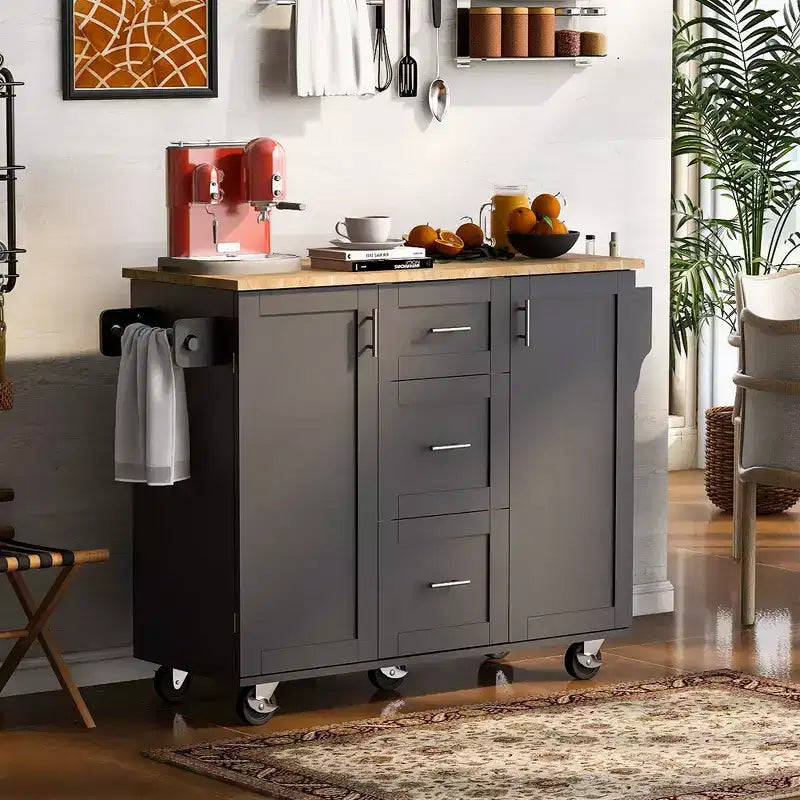 Isola Cucina, Mobile Contenitore su Ruote con 3 Cassetti, Piano in Legno di Gomma, Portaspezie, 2 Ripiani Estraibili
