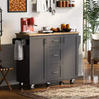 Isola Cucina, Mobile Contenitore su Ruote con 3 Cassetti, Piano in Legno di Gomma, Portaspezie, 2 Ripiani Estraibili