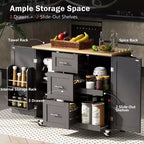 Isola Cucina, Mobile Contenitore su Ruote con 3 Cassetti, Piano in Legno di Gomma, Portaspezie, 2 Ripiani Estraibili