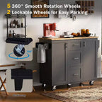 Isola Cucina, Mobile Contenitore su Ruote con 3 Cassetti, Piano in Legno di Gomma, Portaspezie, 2 Ripiani Estraibili