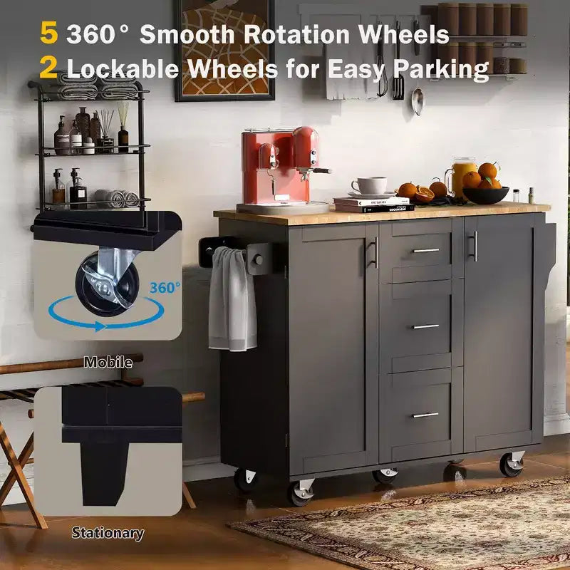 Isola Cucina, Mobile Contenitore su Ruote con 3 Cassetti, Piano in Legno di Gomma, Portaspezie, 2 Ripiani Estraibili