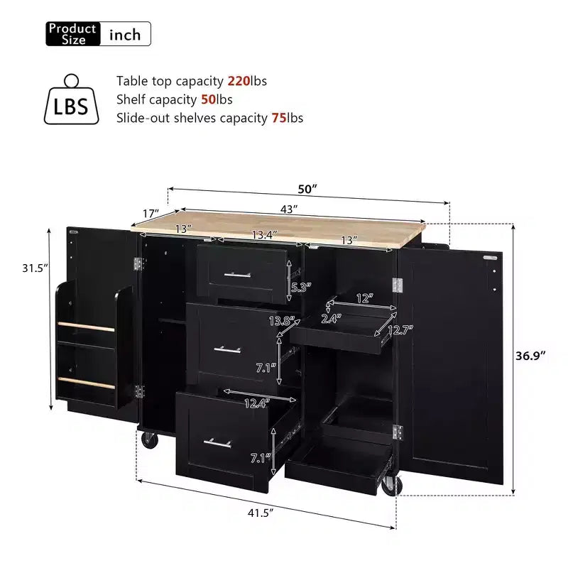 Isola Cucina, Mobile Contenitore su Ruote con 3 Cassetti, Piano in Legno di Gomma, Portaspezie, 2 Ripiani Estraibili