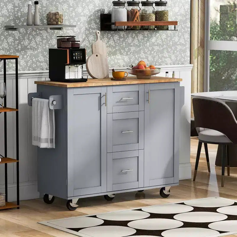 Isola Cucina, Mobile Contenitore su Ruote con 3 Cassetti, Piano in Legno di Gomma, Portaspezie, 2 Ripiani Estraibili