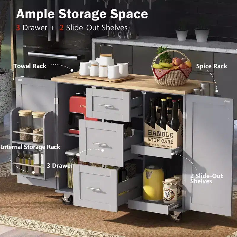 Isola Cucina, Mobile Contenitore su Ruote con 3 Cassetti, Piano in Legno di Gomma, Portaspezie, 2 Ripiani Estraibili