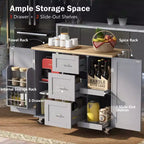 Isola Cucina, Mobile Contenitore su Ruote con 3 Cassetti, Piano in Legno di Gomma, Portaspezie, 2 Ripiani Estraibili