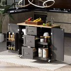 Kitchen Island, Rolling Storage Cabinet with 3 Drawers, Rubber Wood Top, Spice Rack, 2 Slide-Out Shelf
