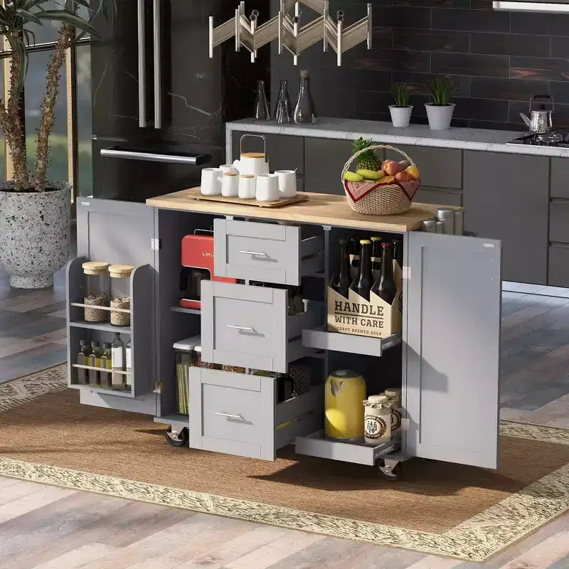 Isola Cucina, Mobile Contenitore su Ruote con 3 Cassetti, Piano in Legno di Gomma, Portaspezie, 2 Ripiani Estraibili