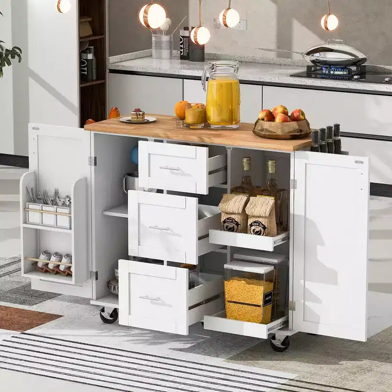 Isola Cucina, Mobile Contenitore su Ruote con 3 Cassetti, Piano in Legno di Gomma, Portaspezie, 2 Ripiani Estraibili