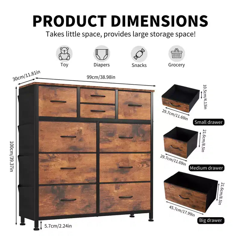 Cassettiera portaoggetti TUYOHW a 10 cassetti con tasche laterali e ganci, organizer in tessuto con piano in legno, torre portaoggetti per camera da letto, armadio e ingresso