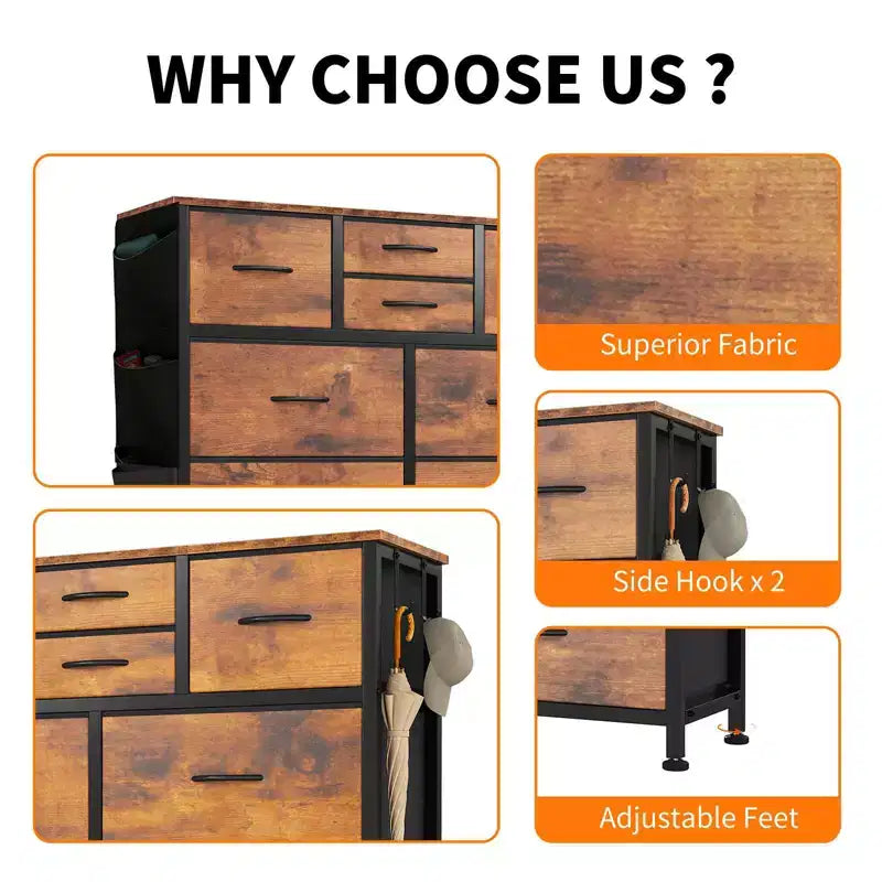 Cassettiera portaoggetti TUYOHW a 10 cassetti con tasche laterali e ganci, organizer in tessuto con piano in legno, torre portaoggetti per camera da letto, armadio e ingresso