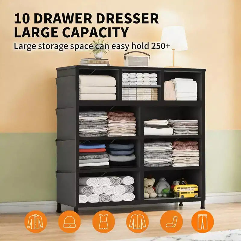 Cassettiera portaoggetti TUYOHW a 10 cassetti con tasche laterali e ganci, organizer in tessuto con piano in legno, torre portaoggetti per camera da letto, armadio e ingresso