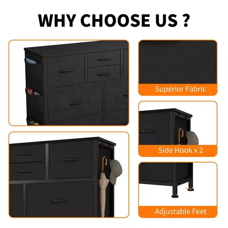Cassettiera portaoggetti TUYOHW a 10 cassetti con tasche laterali e ganci, organizer in tessuto con piano in legno, torre portaoggetti per camera da letto, armadio e ingresso
